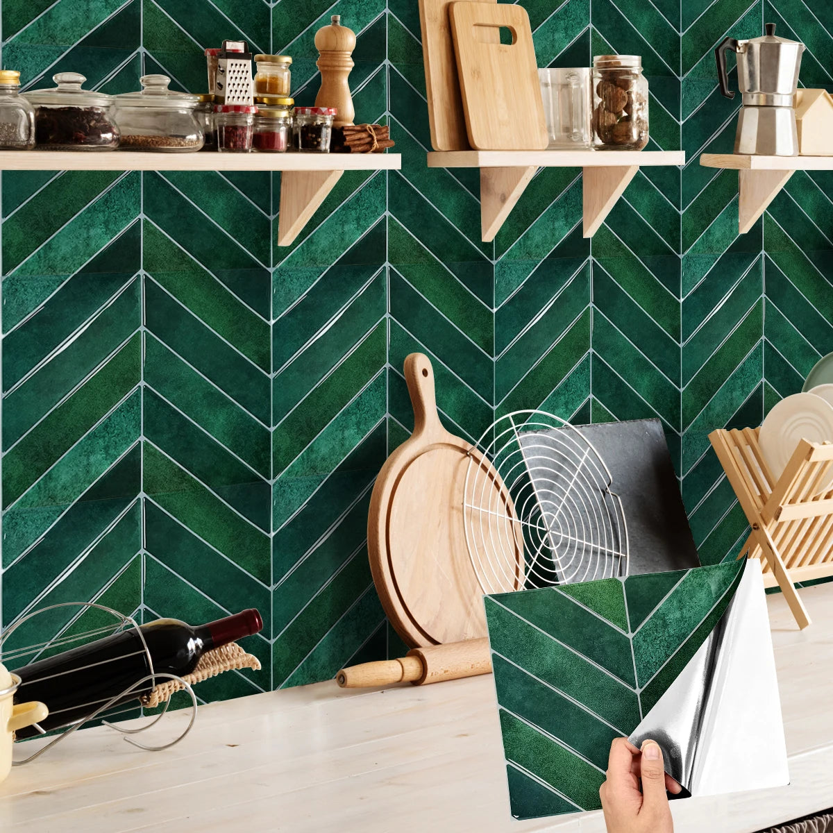Verde Chevron – Green 3D V-Shape Peel & Stick